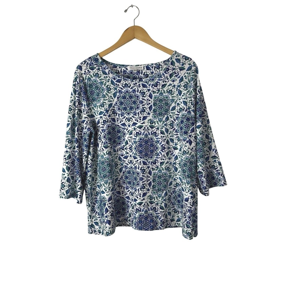 Emily Daniels Floral Top Womens XL Green‎ Blue White 3/4 Sleeve Colorful Stretch